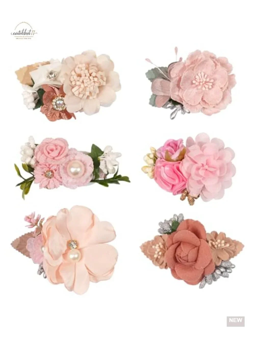 Handmade Flower Hair Bows Faux Pearl Clips Set of 6